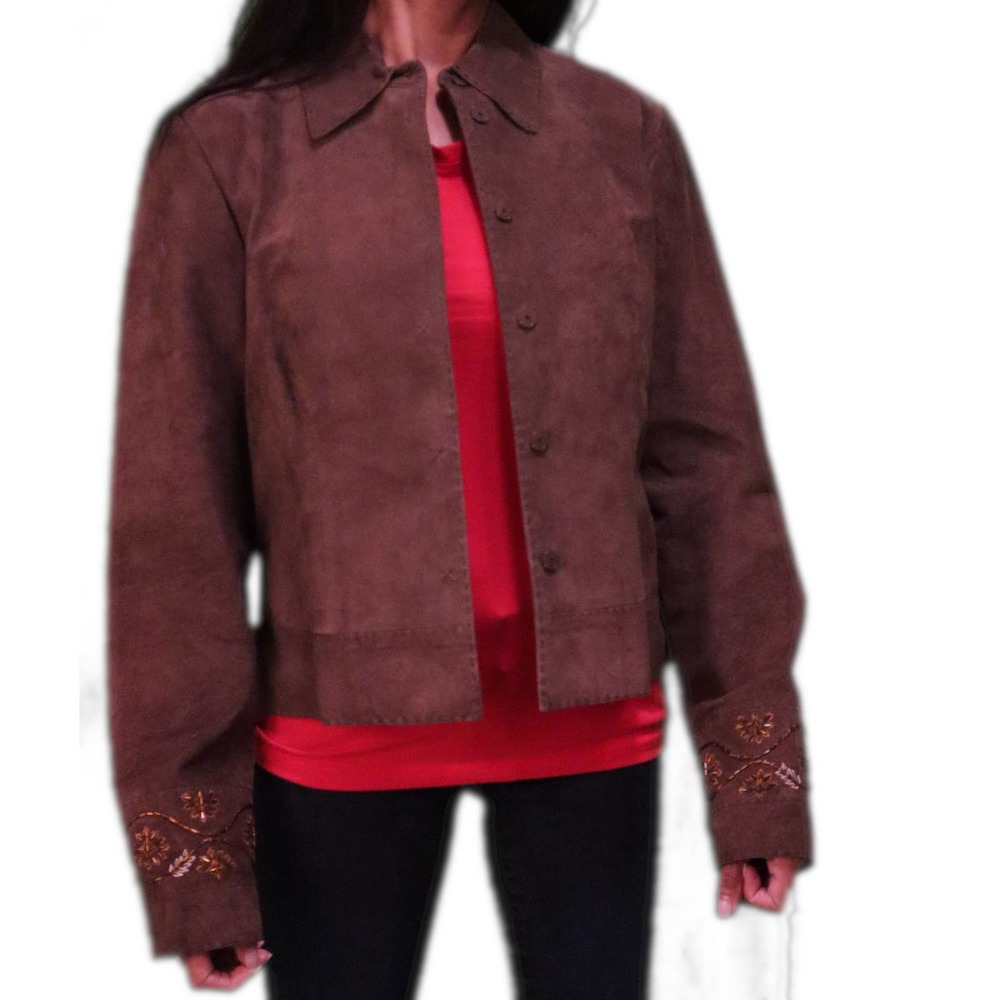 Worth Leather (Suede) Jacket Button up women size 8 with Decorative Sleeves
